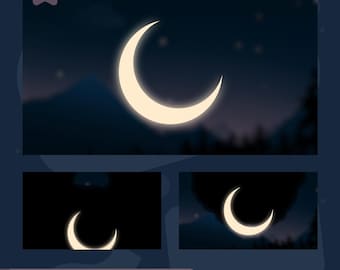 May include: A digital illustration of a glowing crescent moon against a dark blue night sky with mountains and stars. The image includes the text "stinger transition".