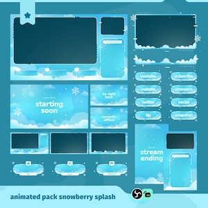 May include: A digital streaming overlay pack featuring a light blue winter theme with white clouds and snowflakes. Includes frames for video, chat, and buttons labeled youtube, subscribe, website, sponsors, twitter, social, tip, snapchat, starting soon, be right back, currently offline, and stream ending.