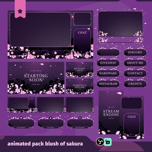 May include: A digital streaming overlay pack featuring a dark purple gradient background with pink cherry blossom accents. Includes various frames for video, chat boxes, and buttons labeled Discord, Giveaway, About Me, Hardware, Contact, Instagram, Credits, Starting Soon, Be Right Back, Currently Offline, and Stream Ending.