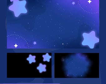 Puede incluir: Gráfico digital con tema de cielo estrellado. El diseño presenta un degradado de azules y morados, con estrellas brillantes y elementos en forma de estrella. El texto "stinger transition" está en la parte inferior.