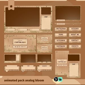 Peut inclure: Un pack de superposition de streaming numérique au style vintage, dans des tons marron et beige. Le design comprend des illustrations botaniques et des panneaux pour le chat, les réseaux sociaux et les mises à jour de statut. Le texte comprend "Starting Soon", "Chat" et "animated pack analog bloom".