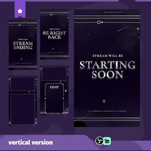 May include: A collection of vertical stream overlay graphics in a dark purple colour scheme. The graphics include text elements such as "Stream Ending", "Be Right Back", and "Starting Soon". The design features a starry night sky theme with silver accents and geometric shapes.