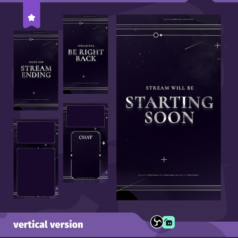 May include: A collection of vertical stream overlay graphics in a dark purple colour scheme. The graphics include text elements such as "Stream Ending", "Be Right Back", and "Starting Soon". The design features a starry night sky theme with silver accents and geometric shapes.