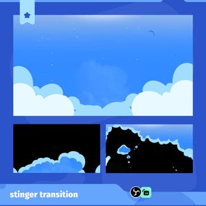May include: A digital graphic featuring a blue sky with fluffy white clouds. The image includes a banner with a star icon and the text "stinger transition" at the bottom. Two smaller preview windows are also included.