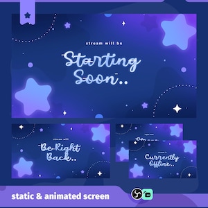 Puede incluir: Un conjunto de pantallas de transmisión animadas y estáticas con un fondo azul oscuro y estrellas moradas brillantes. La pantalla principal dice "Starting Soon.." en escritura blanca. Otras pantallas dicen "Be Right Back.." y "Currently Offline.."