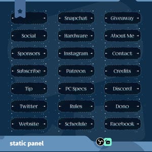 May include: A dark blue static panel with white text and decorative star accents. The panel features various social media and informational links, including Snapchat, Instagram, and Discord. The text "static panel" is at the bottom.