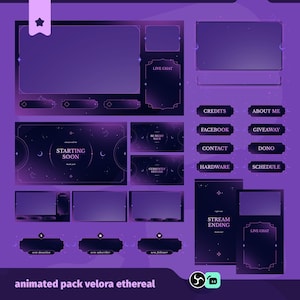 May include: A digital streaming overlay pack in shades of purple and black, featuring various animated elements. Includes screens for "Starting Soon," "Stream Ending," and "Live Chat," along with buttons for social media and donation links. The text "animated pack velora ethereal" is at the bottom.