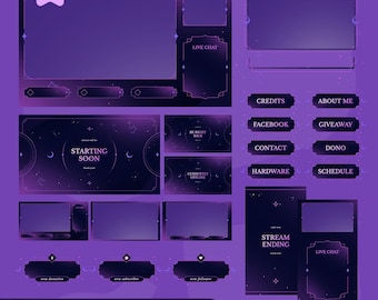 Celestial Purple Twitch Pack | Geanimeerde VTuber Stream-overlay met maan | TikTok Kick YouTube | Schermen Waarschuwingen Webcam | OBS Streamlabs