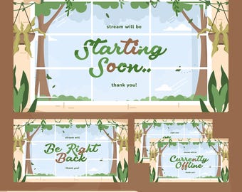 May include: A set of animated and static screens for streaming. The main screen says "Starting Soon" in green script. Other screens say "Be Right Back" and "Currently Offline". The design features a window with trees and plants.