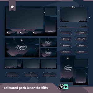 May include: A digital art pack with a dark blue and purple color scheme, featuring a mountain and moon theme. Includes animated overlays, panels, and screens for streaming. Text includes "Starting Soon," "Be Right Back," and "Stream Ending."
