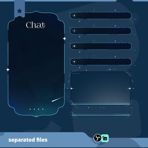 May include: A digital overlay design with a dark blue and teal color scheme. The design includes a large chat box, several smaller information bars, and a lower section with the text "separated files". The overall theme is space or gaming.