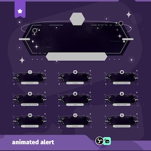 May include: A digital graphic with a dark purple space theme. It features a large hexagonal banner and smaller banners labelled "Support," "Stars," "New Follower," "New Subscriber," "Like," "New Cheer," "Superchat," "Share," and "New Donation."