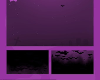 May include: A digital Halloween-themed stinger transition with a purple background, bats, and a graveyard silhouette. The text "stinger transition" is at the bottom. The design includes a star icon and social media icons.