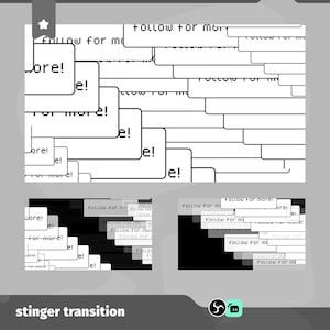 May include: A digital graphic with the text "Follow for more!" and "More!" in white speech bubbles on a gray background. The image includes three smaller versions of the graphic and the text "stinger transition".