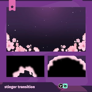 May include: A digital overlay with a dark purple background and pink cherry blossoms in the corners. Small white stars are scattered across the background. The text "stinger transition" is at the bottom.