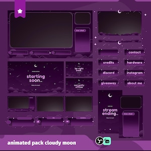 May include: A digital streaming overlay pack featuring a dark purple theme with clouds, crescent moons, and stars. Includes various frames, buttons labeled contact, credits, hardware, discord, instagram, giveaway, about me, and status screens.