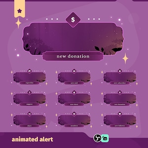 Könnte beinhalten: Ein lila animierter Alert-Grafik mit einem Sternennacht-Hintergrund. Das Design enthält Textfelder für neue Spenden, Abonnenten und andere Benachrichtigungen. Der Text "animated alert" befindet sich unten.