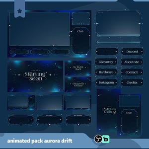 Op de afbeelding: Een digitaal overlay-pakket met een donkerblauwe en teal aurora-thema. Het pakket bevat verschillende geanimeerde elementen voor streaming, zoals chatboxen, statusindicatoren en scène-overgangen. Tekst bevat "Starting Soon", "Stream Ending".