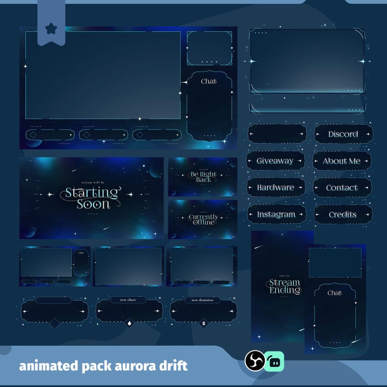 May include: A digital overlay pack with a dark blue and teal aurora theme. The pack includes various animated elements for streaming, such as chat boxes, status indicators, and scene transitions. Text includes "Starting Soon", "Stream Ending", and social media buttons.