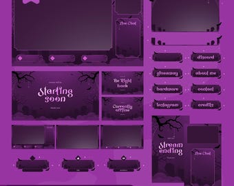 Op de afbeelding: Een paars geanimeerd streaming overlay-pakket met een kerkhof-thema. Bevat panelen voor "Starting Soon", "Be Right Back" en "Stream Ending". Beschikt over een donkerpaars kleurenschema met griezelige boom- en grafsteenafbeeldingen.