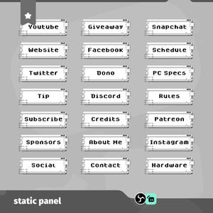 May include: A digital graphic featuring white rectangular buttons labelled "Youtube", "Giveaway", "Snapchat", and other social media platforms. The buttons are set against a grey backdrop, with "static panel" at the bottom.