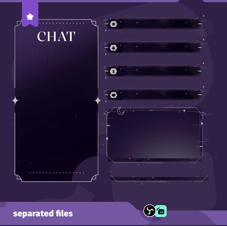 May include: Digital overlay design in purple and black. The design features a large chat box, several information bars, and a display area. The word "CHAT" is displayed in white. The bottom of the design reads "separated files".