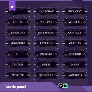 May include: A digital graphic featuring a dark purple background with white stars and crescent moon accents. Rectangular panels with various social media and information labels, such as "Snapchat," "Giveaway," and "Website," are displayed. The text "static panel" is at the bottom.