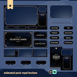 Peut inclure: Un pack de superposition numérique avec un design art déco bleu foncé et doré. Comprend des écrans pour "Starting Soon", "Stream Ending" et des boutons de médias sociaux. Le pack est intitulé "animated pack royal horizon".
