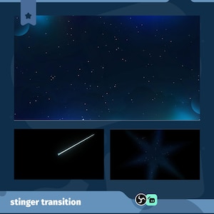 May include: A digital graphic with a dark blue starry sky background. Two smaller panels show a shooting star and a starburst. The text "stinger transition" is at the bottom. The overall theme is space and digital design.