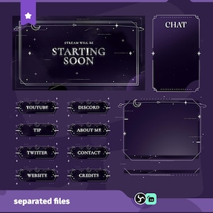 May include: A digital streaming overlay set in a dark purple celestial theme. The set includes a "Starting Soon" screen, chat box, and social media buttons. The text "STREAM WILL BE STARTING SOON" is displayed prominently.