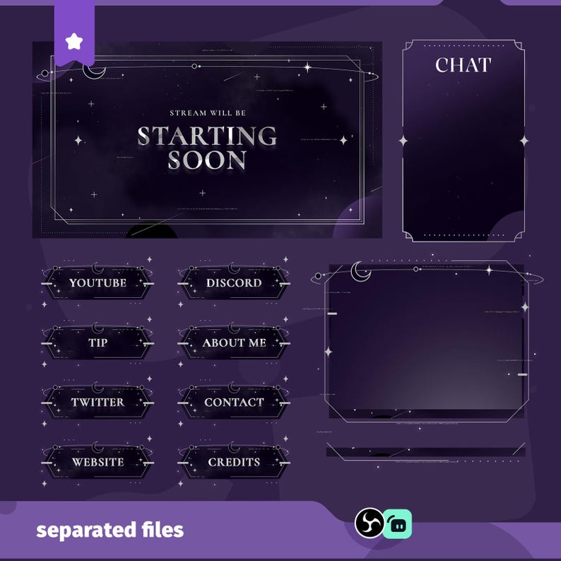 May include: A digital streaming overlay set in a dark purple celestial theme. The set includes a "Starting Soon" screen, chat box, and social media buttons. The text "STREAM WILL BE STARTING SOON" is displayed prominently.