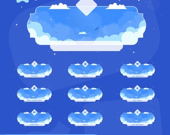 May include: A digital graphic with a blue sky and cloud theme. The design includes several cloud-shaped boxes with icons and text such as "support", "stars", "new follower", "new subscriber", "like", "new cheer", "superchat", "share", and "new donation". The words "animated alert" are at the bottom.