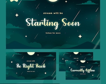 May include: A set of static and animated screens for streaming, featuring a night sky theme. The main screen reads "Starting Soon" in elegant script, with "Be Right Back" and "Currently Offline" variations. The design includes stars, clouds, and a crescent moon.