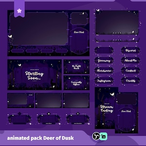 Puede incluir: Un paquete animado digital titulado "Deer of Dusk" con una combinación de colores púrpura y púrpura oscuro. El paquete incluye varias superposiciones y botones animados para transmisión en vivo, con texto como "Live Chat" y "Starting Soon.."
