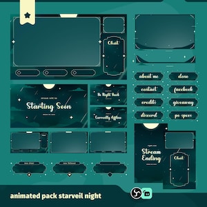 May include: A teal and white animated pack for streaming, featuring various overlay elements. Includes chat boxes, status screens, and buttons labeled "about me," "discord," and "giveaway." The text "Starting Soon" and "Stream Ending" are also visible.