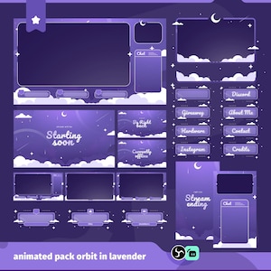 Może przedstawiać: Animowany pakiet do streamowania w kolorze lawendy, z motywem gwiaździstego nieba, chmurami, księżycami i gwiazdami. Zawiera różne elementy nakładki z tekstem, takim jak "Starting Soon" i "Stream Ending".