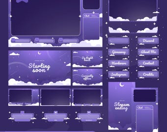 Purple Dreamy Twitch Pack | Lavender Night VTuber Animated Overlay | TikTok Kick Twitch | Panels Alerts Screens | OBS Streamlabs
