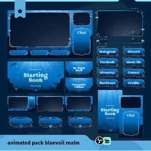 May include: A blue animated streaming pack with an underwater design. It includes overlays for chat, 'starting soon', 'be right back', and 'currently offline' screens. Also features social media buttons. The text "animated pack blueveil realm" is at the bottom.