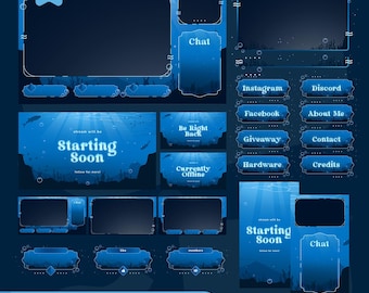 Ozean Blau Animierte Stream Overlay Pack | Unterwasser VTuber Warnungen, Bildschirme (Digitaler Download)