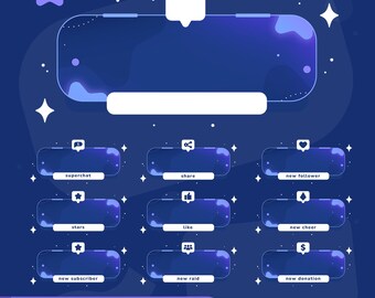 May include: Animated alert graphic with a dark blue background and white accents. Features a large rectangular display area, smaller notification boxes, and icons for superchat, share, new follower, stars, like, new cheer, new subscriber, new raid, and new donation.