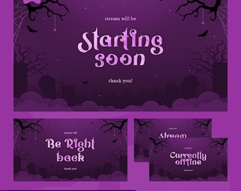 Op de afbeelding: Een set geanimeerde streaming schermen met een Halloween thema. Het hoofdscherm leest "Starting soon". Extra schermen zeggen "Be Right back" en "Currently offline". De achtergrond is paars met vleermuizen, bomen en een kerkhof.