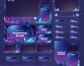 Fantasy Crystal Twitch Overlay | Flare Purple Blue Animated Pack | TikTok Kick YouTube | Alerts Panels Webcam | OBS Streamlabs