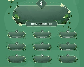 May include: Animated alert graphic with a green background and floral accents. Features a "new donation" banner and buttons for "like," "share," "superchat," "new cheer," "new follower," "stars," "members," "support," and "new raid."
