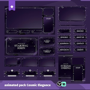 Celestial Animated Stream Overlay Pack for Twitch, Kick, Youtube/Aesthetic Theme/Cosmic Elegance/Purple/Galaxy/Panels/Alerts/Clean Stream