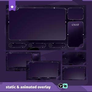 May include: A digital overlay design in dark purple and black. It features frames, decorative lines, and the word "CHAT". The text "static & animated overlay" is at the bottom of the image.