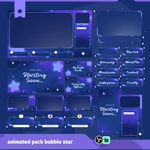 Peut inclure: Un pack de superposition de streaming numérique avec un thème bleu foncé et violet. Le design comprend des étoiles, des éléments animés et des zones de texte pour le chat en direct, les cadeaux et autres informations. Le texte "Starting Soon" est visible.