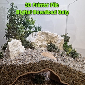 Puede incluir: Un modelo 3D imprimible de un pequeño acuario con un fondo de arena, una formación rocosa y algunas plantas. El texto "3D Printer File Digital Download Only" se muestra en la imagen. El texto "Aquireef Aquarium Innovations and Design" también se muestra en la imagen.