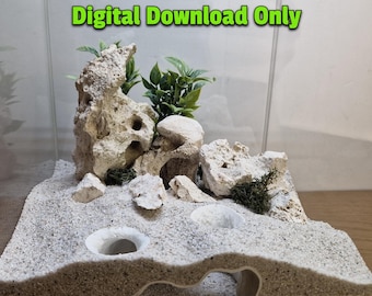 May include: A 3D printed model of a rock formation and a tunnel in a glass aquarium. The model is designed for use in a saltwater aquarium. The text "3D Printer File Digital Download Only" is visible in the image.