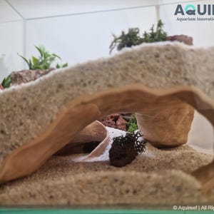 Interior view of the Riptide Aquarium Cave STL file in a natural aquarium setting, showcasing its smooth texture, sandy design, and ample space for fish or shrimp. Ideal for 3D printing enthusiasts.
