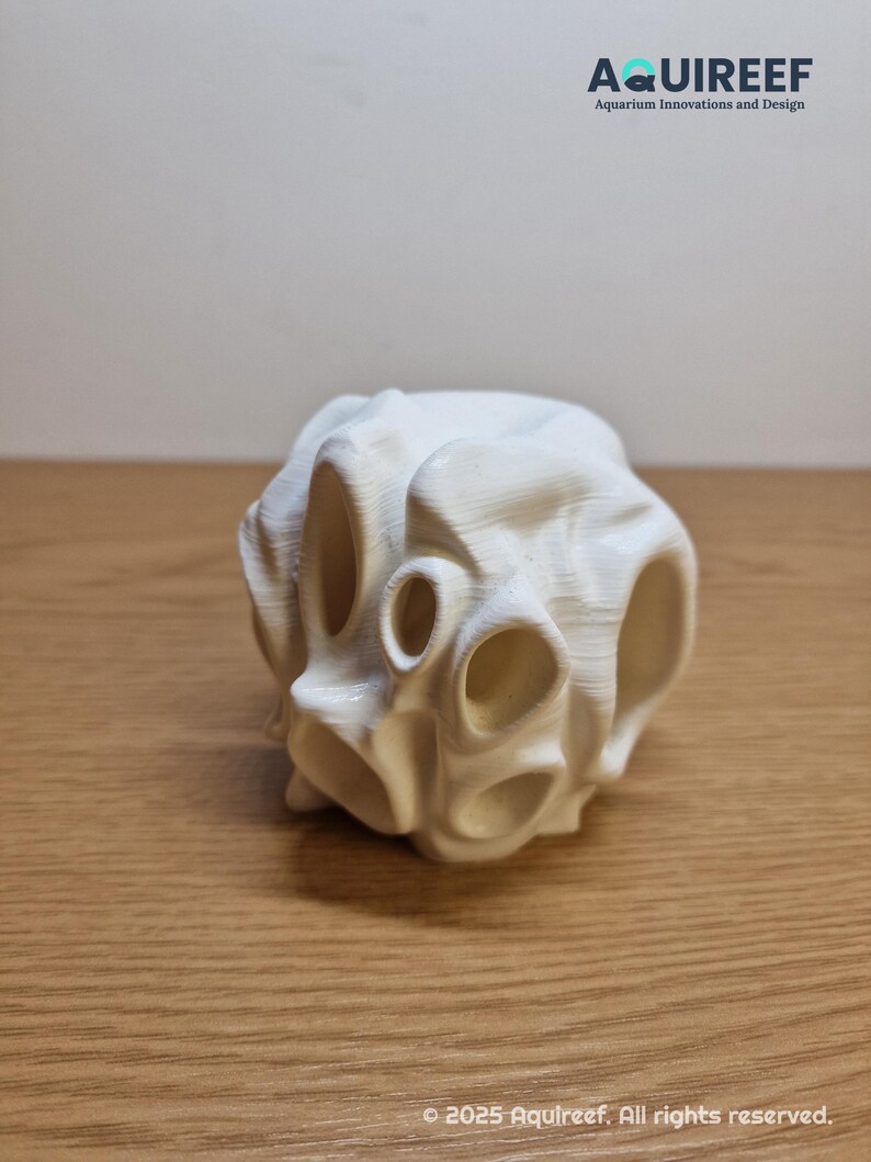 3D-printed white aquarium cave with multiple openings, designed for fish hiding, playing, and exploration. Its smooth, organic design enhances aquarium aesthetics while providing shelter and reducing fish stress in aquatic environments.